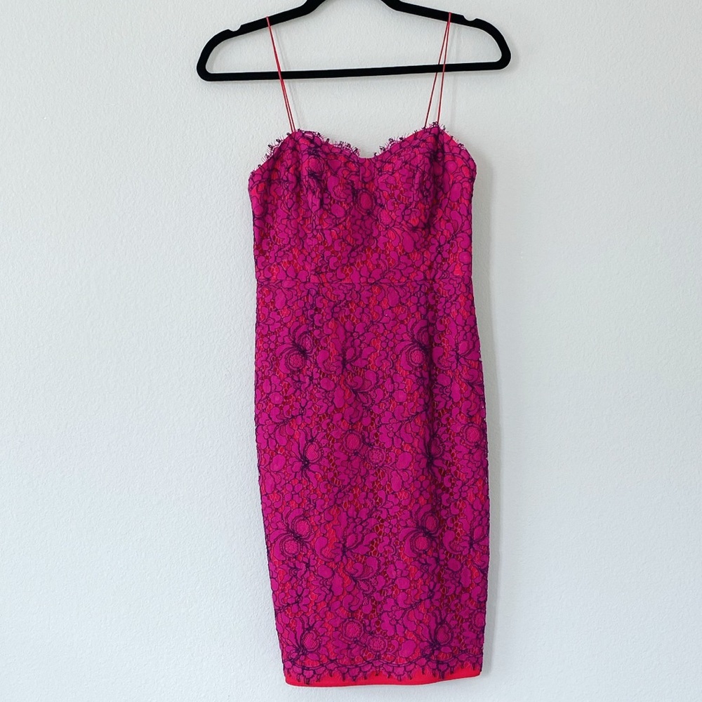 Pink red lace spaghetti strap likely dress 2